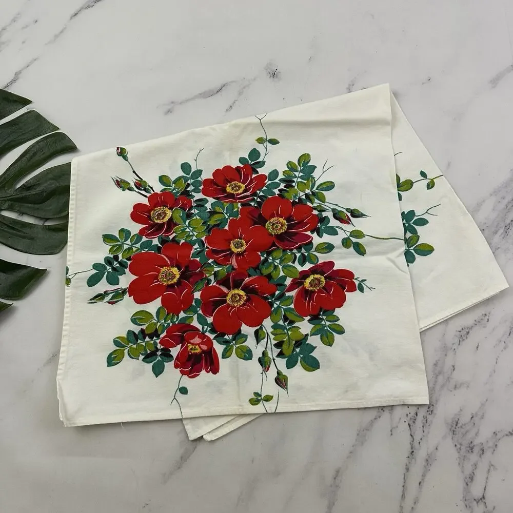 Vintage 60s Square Floral Tablecloth White Red Wild Roses Cotton 31 in Kitchen